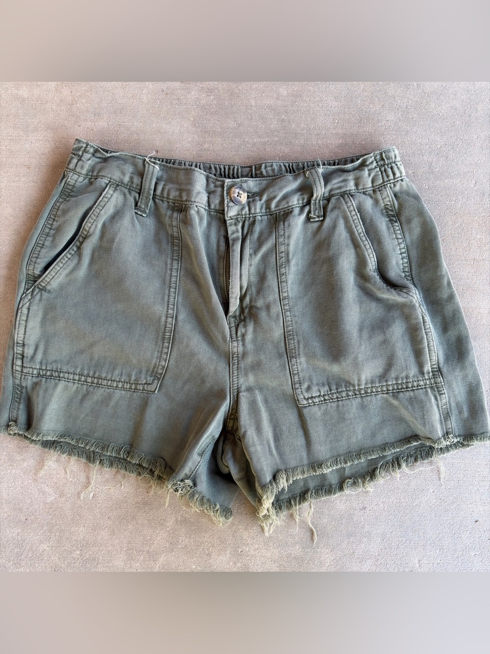aerie Olive Green High-Waist Frayed Hem Utility Shorts